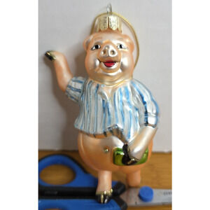 Hand Blown Glass Pig with Blue Stripped Shirt holding Money Christmas Ornament